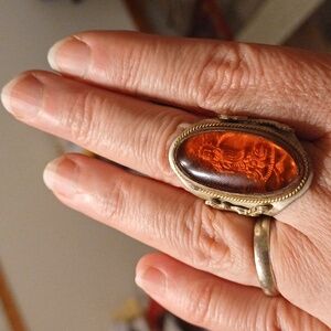 KWAN YIN BUDDHA & Dragons Amber 3D Intaglio ring alpaca silver adjusts 5 6 7 8 9